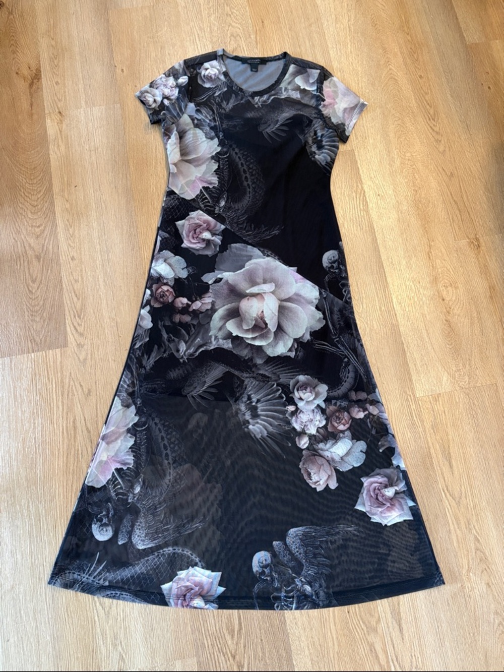 All Saints Black Maxi Dress with Soft Pink Floral Print